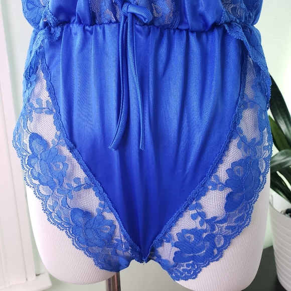 Vintage Lace Trim Lingerie Bodysuit Electric Blue - Picture 3 of 7